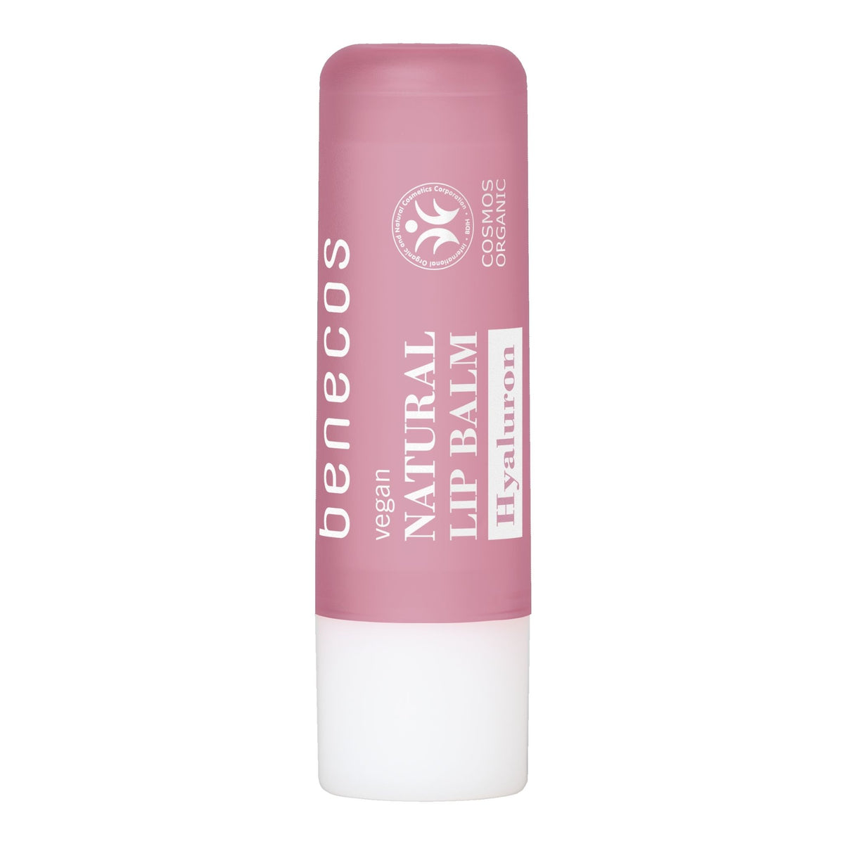 A single stick of Benecos vegan Natural Lip Balm with Hyaluron, featuring a dusty pink upper body and a white cap, set against a plain white background.