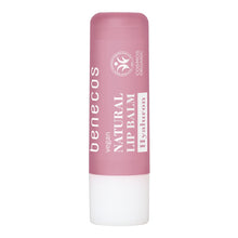 A single stick of Benecos vegan Natural Lip Balm with Hyaluron, featuring a dusty pink upper body and a white cap, set against a plain white background.