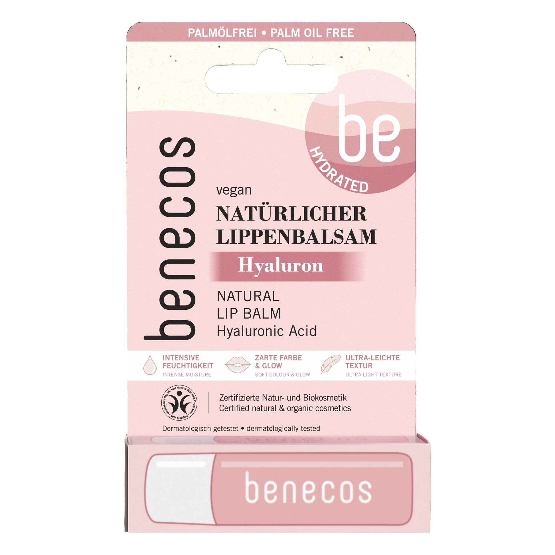 Benecos Natural Lip Balm Hyaluron is packed in a blister pack with a pink a white design on a white background.