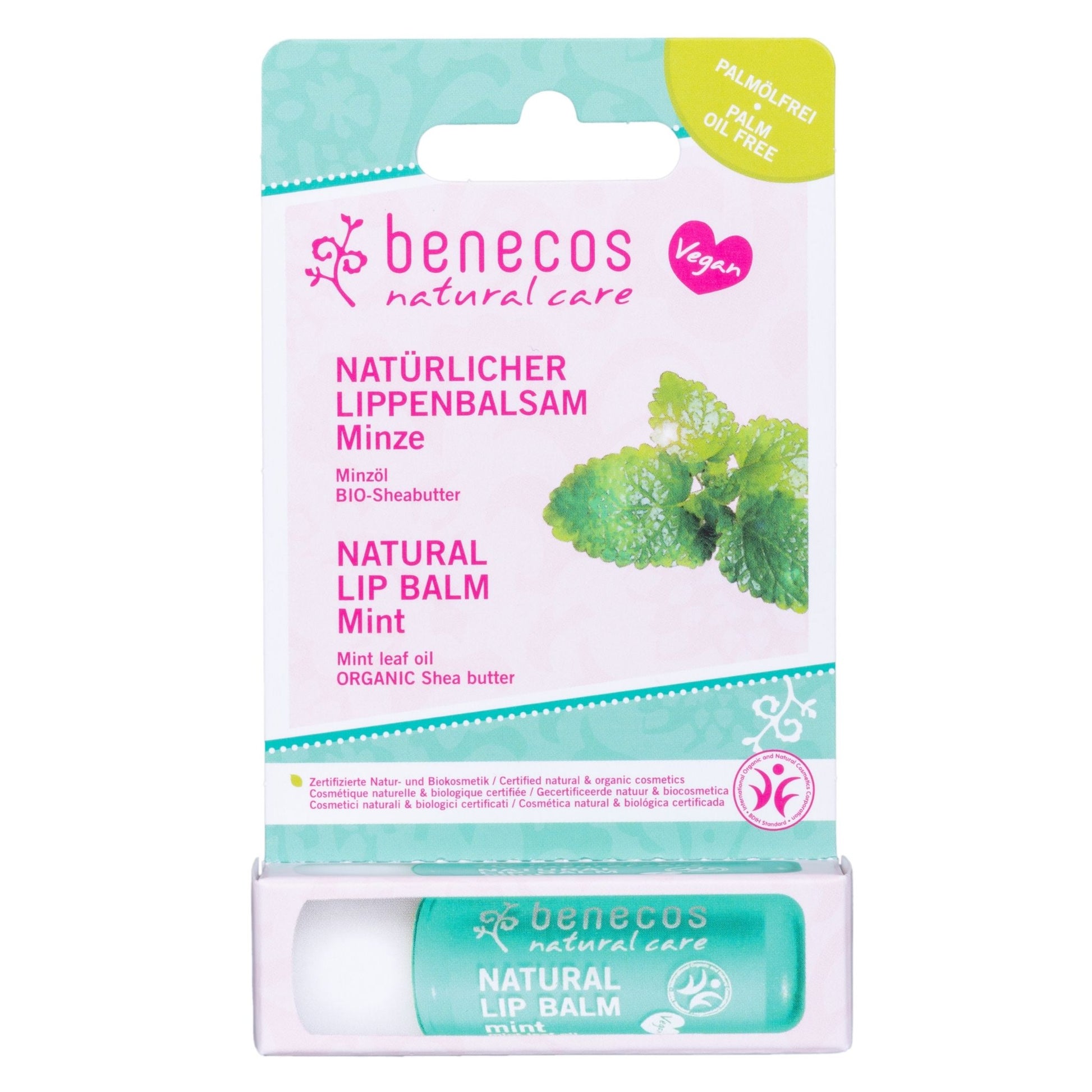 Benecos Natural Care Mint lip balm in its original retail packaging, featuring a mint green tube inside a clear plastic case with a white and mint green cardboard header card.