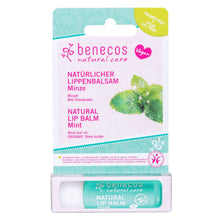 Benecos Natural Care Mint lip balm in its original retail packaging, featuring a mint green tube inside a clear plastic case with a white and mint green cardboard header card.