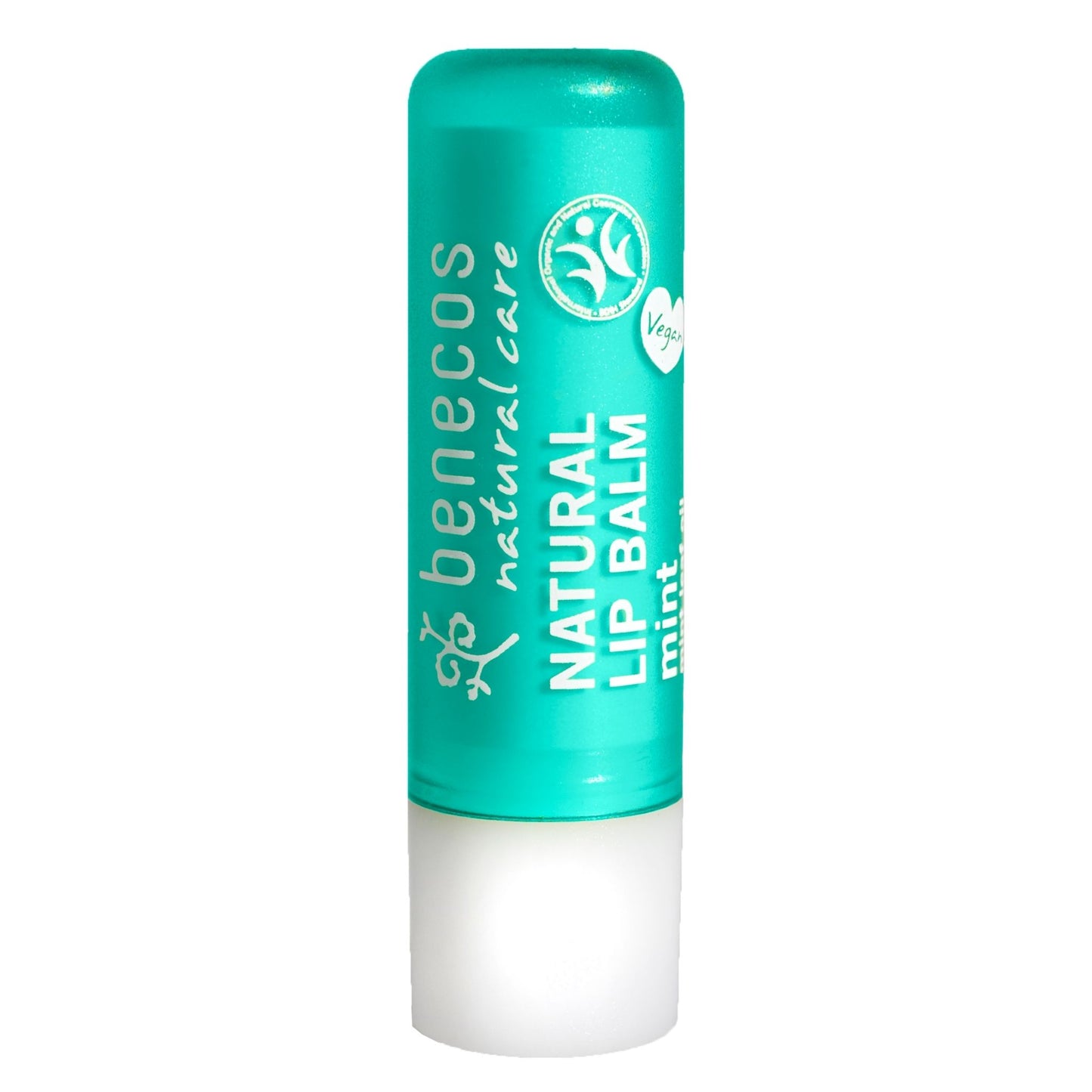 A single stick of Benecos Natural Care Mint lip balm, featuring a metallic teal-green body and a frosted white cap, set against a plain white background.