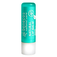 A single stick of Benecos Natural Care Mint lip balm, featuring a metallic teal-green body and a frosted white cap, set against a plain white background.