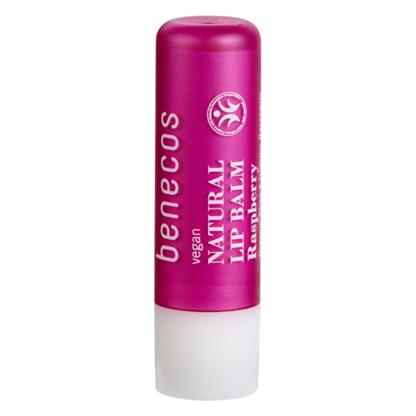 A single tube of Benecos Vegan Natural Lip Balm in Raspberry flavor, featuring a metallic magenta pink upper section and a white translucent cap, set against a plain white background.