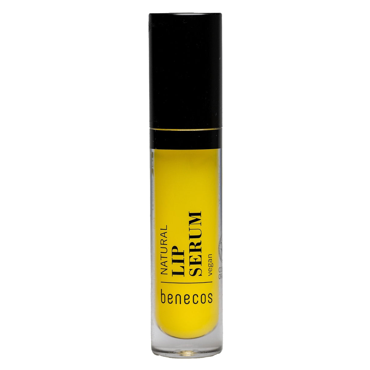 A clear cylindrical bottle of Benecos Natural Lip Serum filled with bright yellow oil, featuring a black cap and black text on the front, set against a plain white background.
