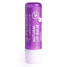 A single tube of Benecos Natural Care Cassis lip balm, featuring a vibrant purple container with white text and a white cap, set against a plain white background.