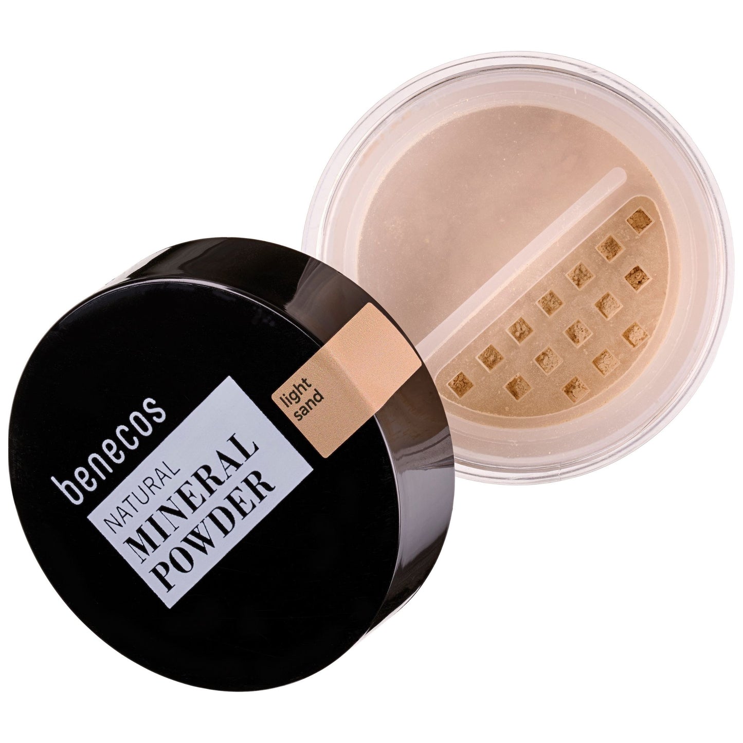 Benecos Natural Mineral Powder in light sand, open clear jar with sifter and black lid showing the warm beige-toned loose mineral powder