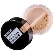Benecos Natural Mineral Powder in light sand, open clear jar with sifter and black lid showing the warm beige-toned loose mineral powder