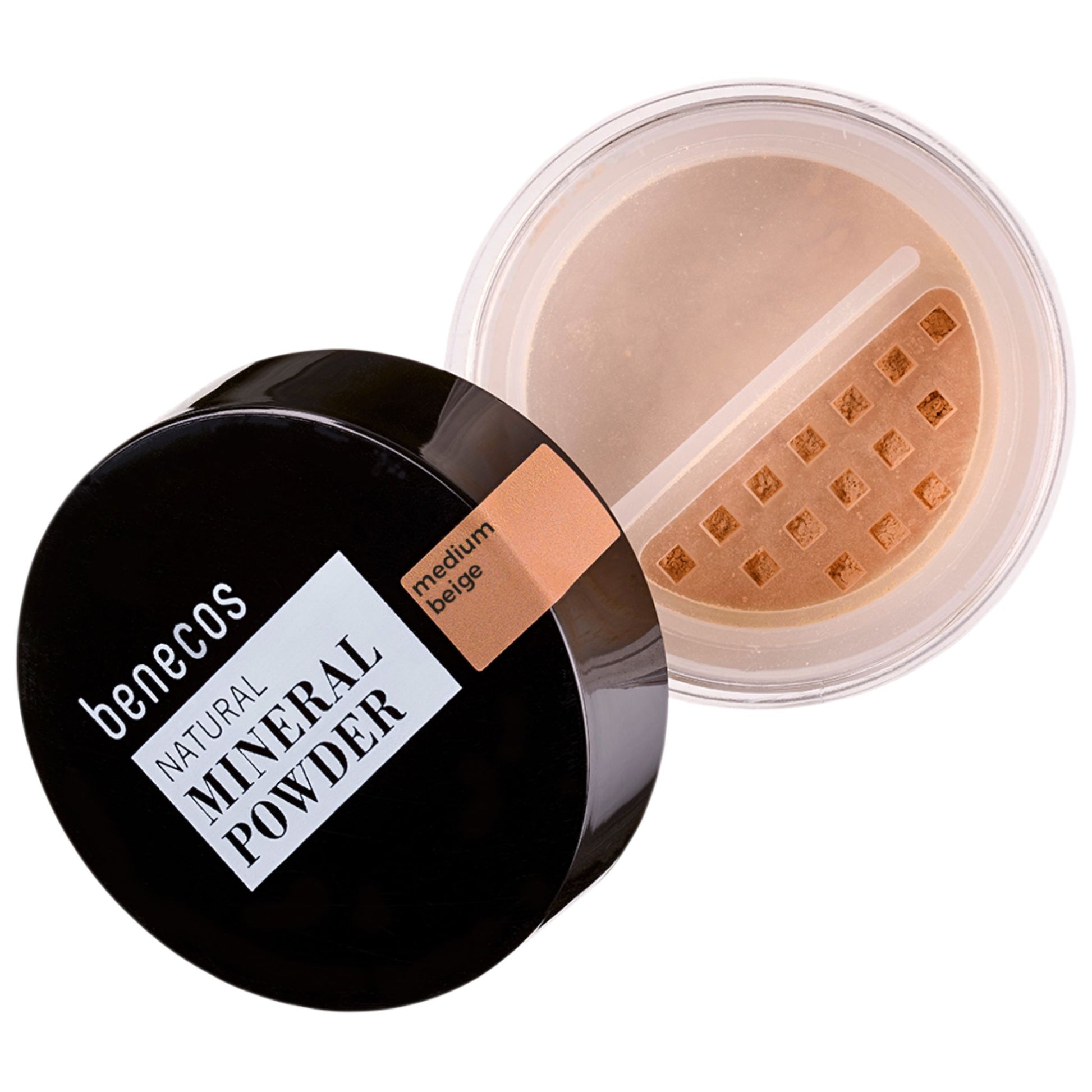 Benecos Natural Mineral Powder in medium beige open clear jar with sifter and black lid showing the warm beige-toned loose mineral powder