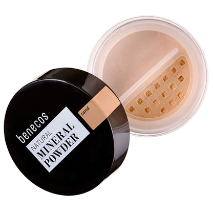 Benecos Natural Mineral Powder in Sand, open clear jar with sifter and black lid showing the warm beige-toned loose mineral powder