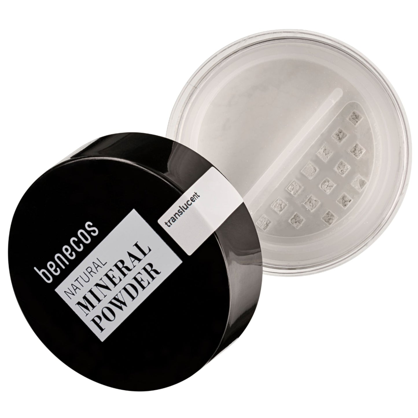 Benecos Natural Mineral Powder in Translucent, open clear jar with sifter and black lid showing the white mineral powder