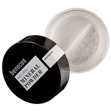 Benecos Natural Mineral Powder in Translucent, open clear jar with sifter and black lid showing the white mineral powder