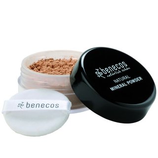 benecos natural mineral powder medium beige  loose powder with the powder puff.