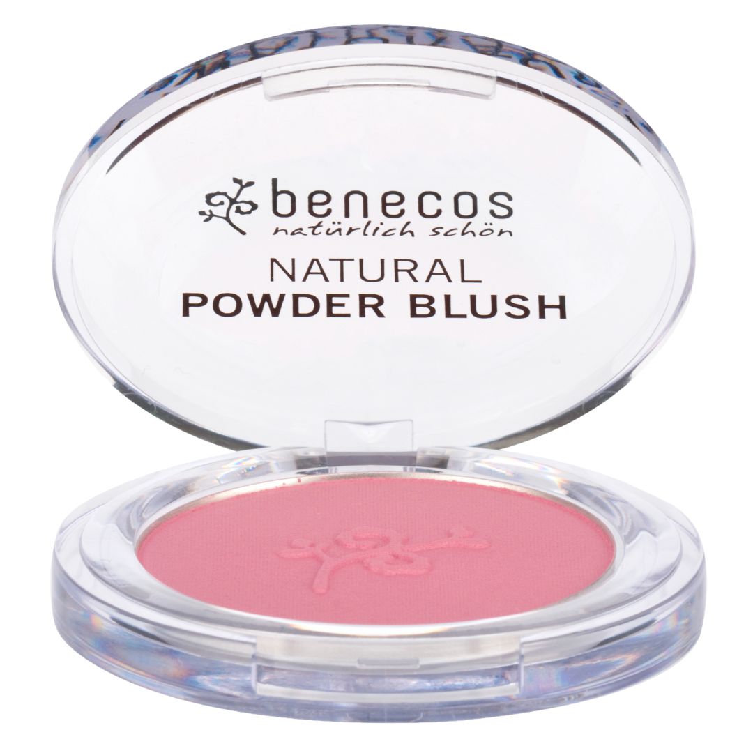 Benecos natural powder blush in mallow rose, pressed powder in clear case.