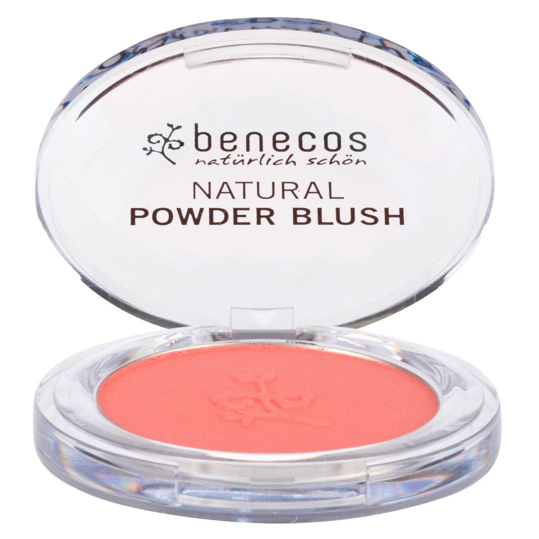 Benecos natural powder blush in sassy salmon, pressed powder in clear case.