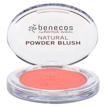 Benecos natural powder blush in sassy salmon, pressed powder in clear case.