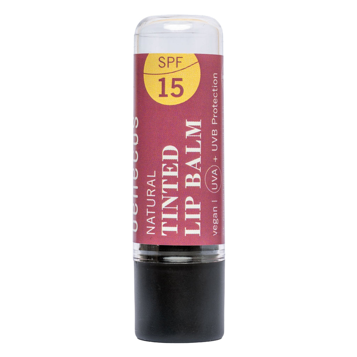 A single stick of lip balm with a dark red label and a black base, shown on a plain white background. The label reads 'SPF 15 NATURAL TINTED LIP BALM' and includes the brand name benecos.