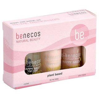 benecos nude obsession nail polish set in pink box, containing crystal, be my baby and you-nique natural nail polish.