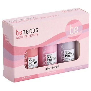 benecos pretty in pastel nail polish set in pink box, containing bubble gum, cotton candy and lovely lavender natural nail polish.