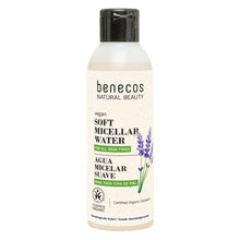 Benecos Soft Micellar Water is in a bottle with a flip top lid, illustration of lavender flowers on a white background