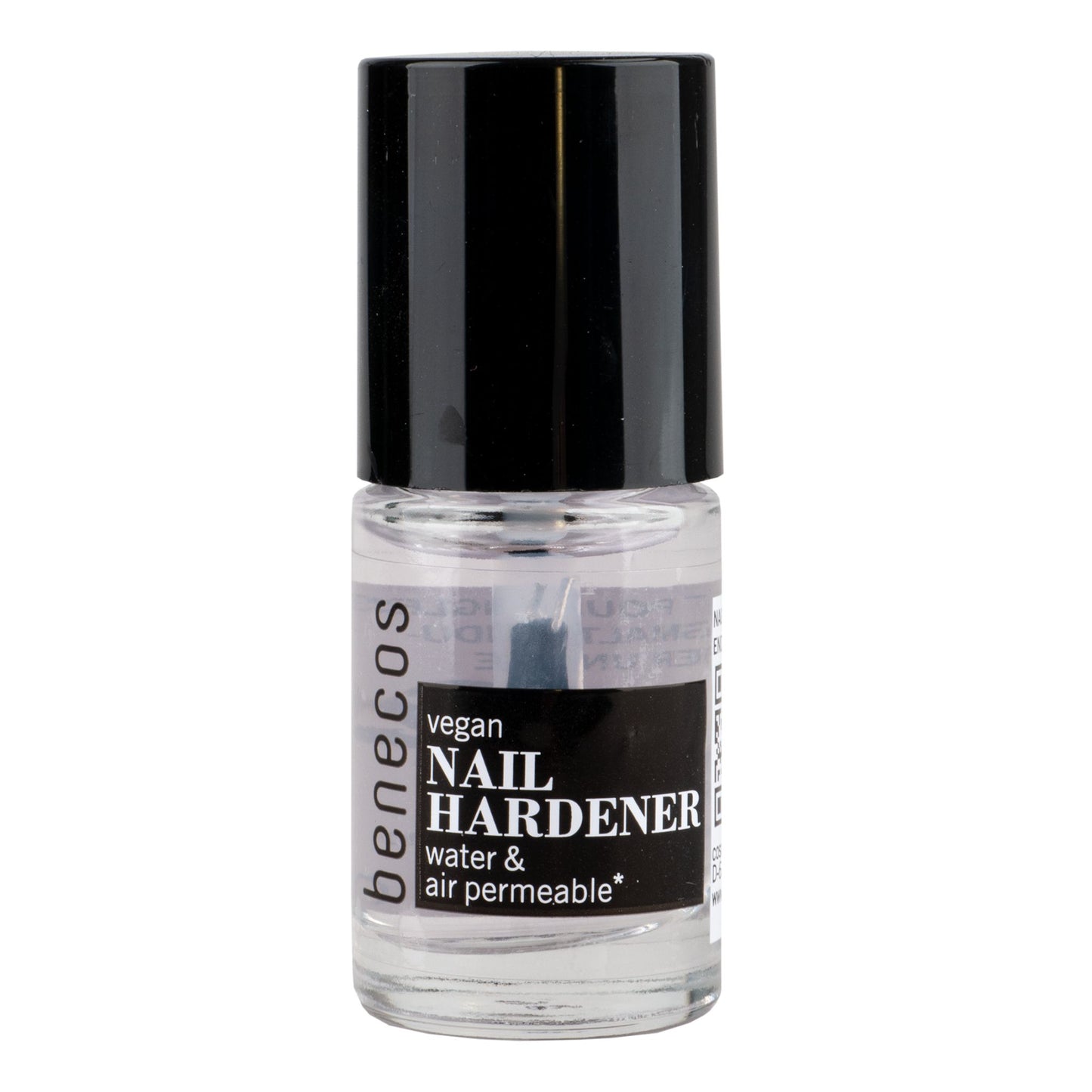 Bottle of benecos nail hardener on a white background