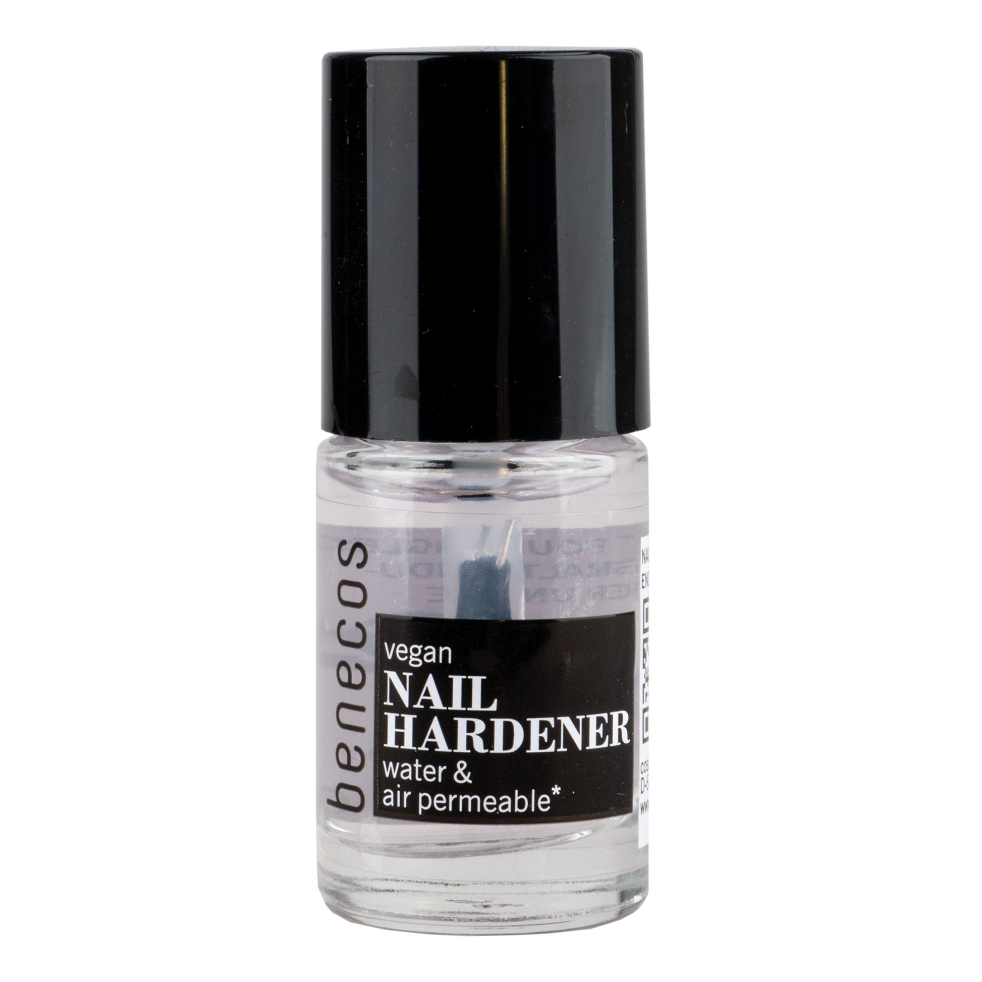 Bottle of benecos nail hardener on a white background