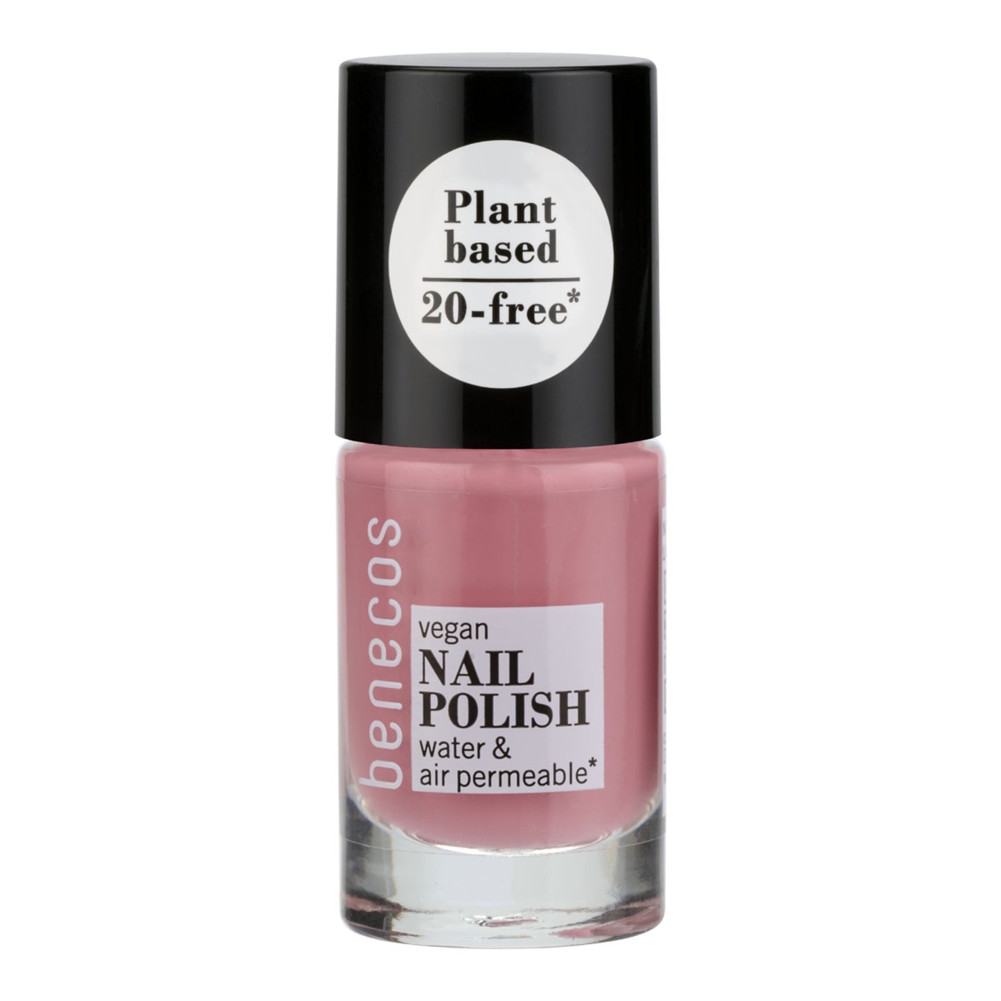 Benecos vegan nail polish bottle with black cap and pink polish on a white background
