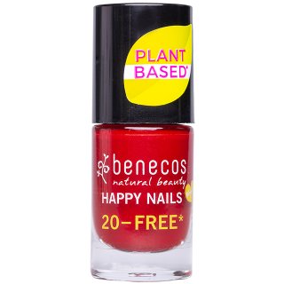 Benecos plant based nail polish cherry red is a medium to dark red shade.
