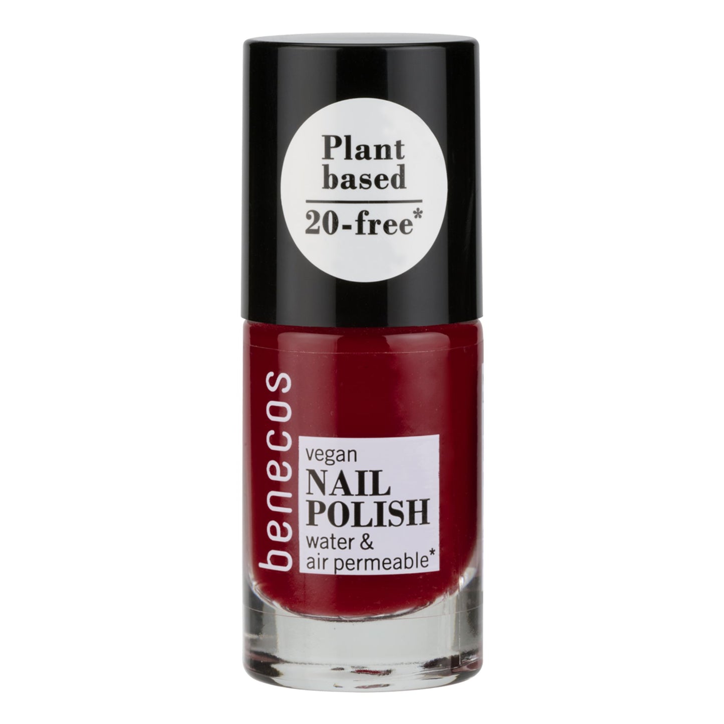 Benecos vegan nail polish bottle with red polish on a white background
