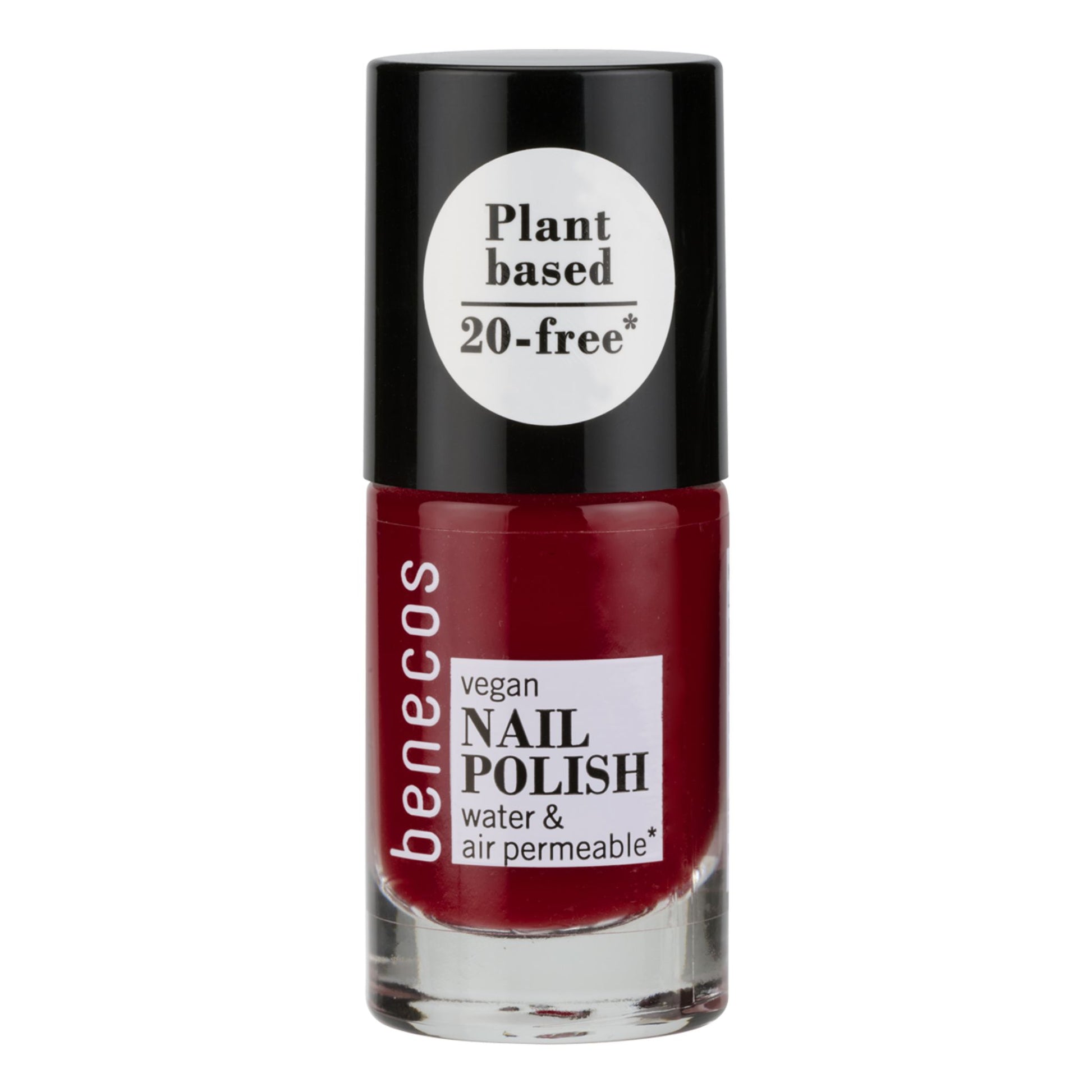 Benecos vegan nail polish bottle with red polish on a white background