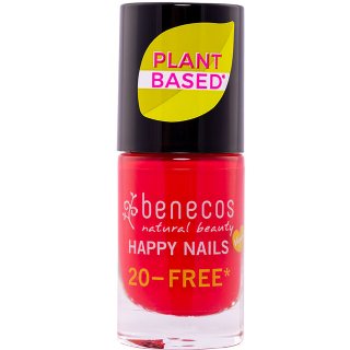 Benecos plant based nail polish hot summer is a vibrant pink to red shade.