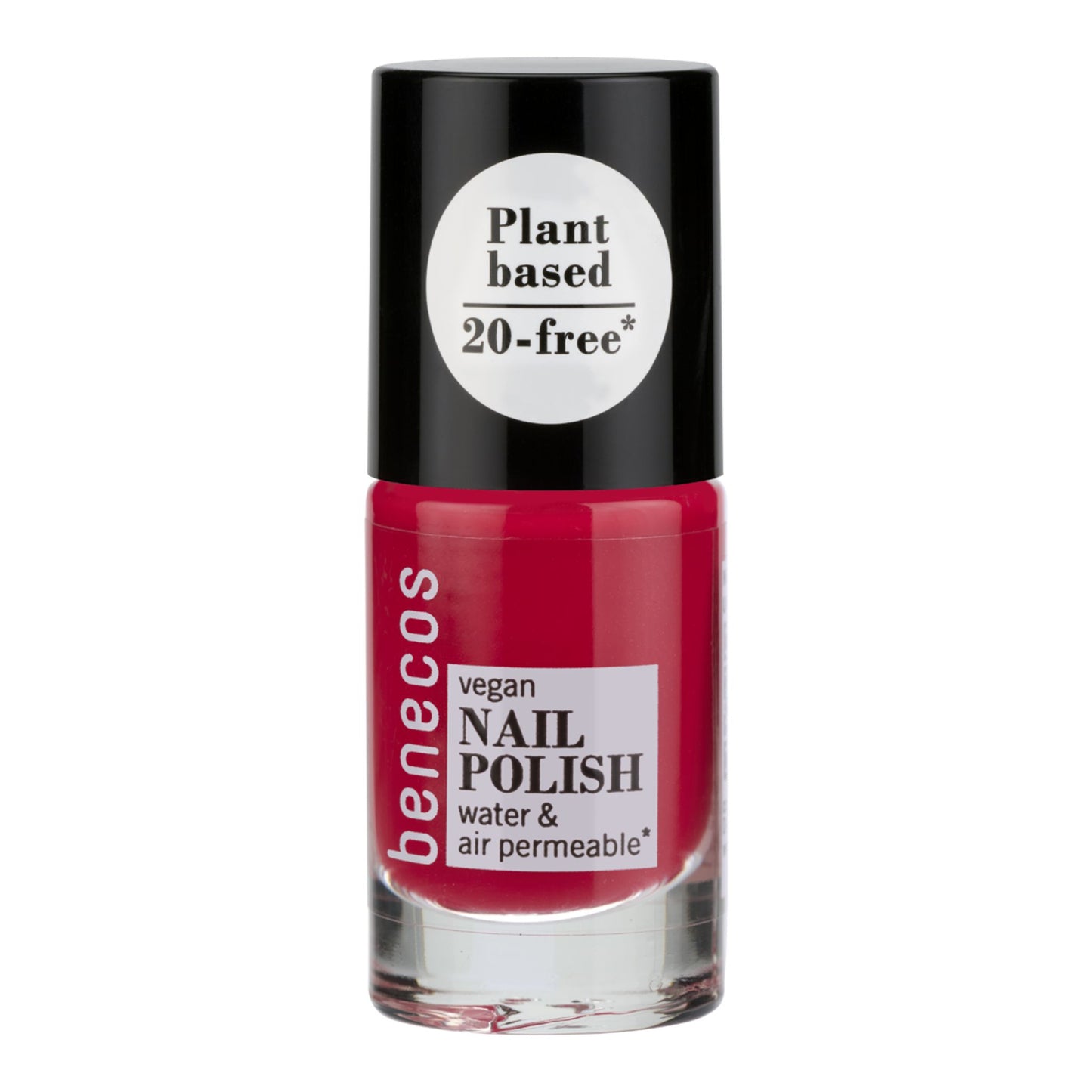 Benecos vegan nail polish bottle with red polish and black cap on a white background