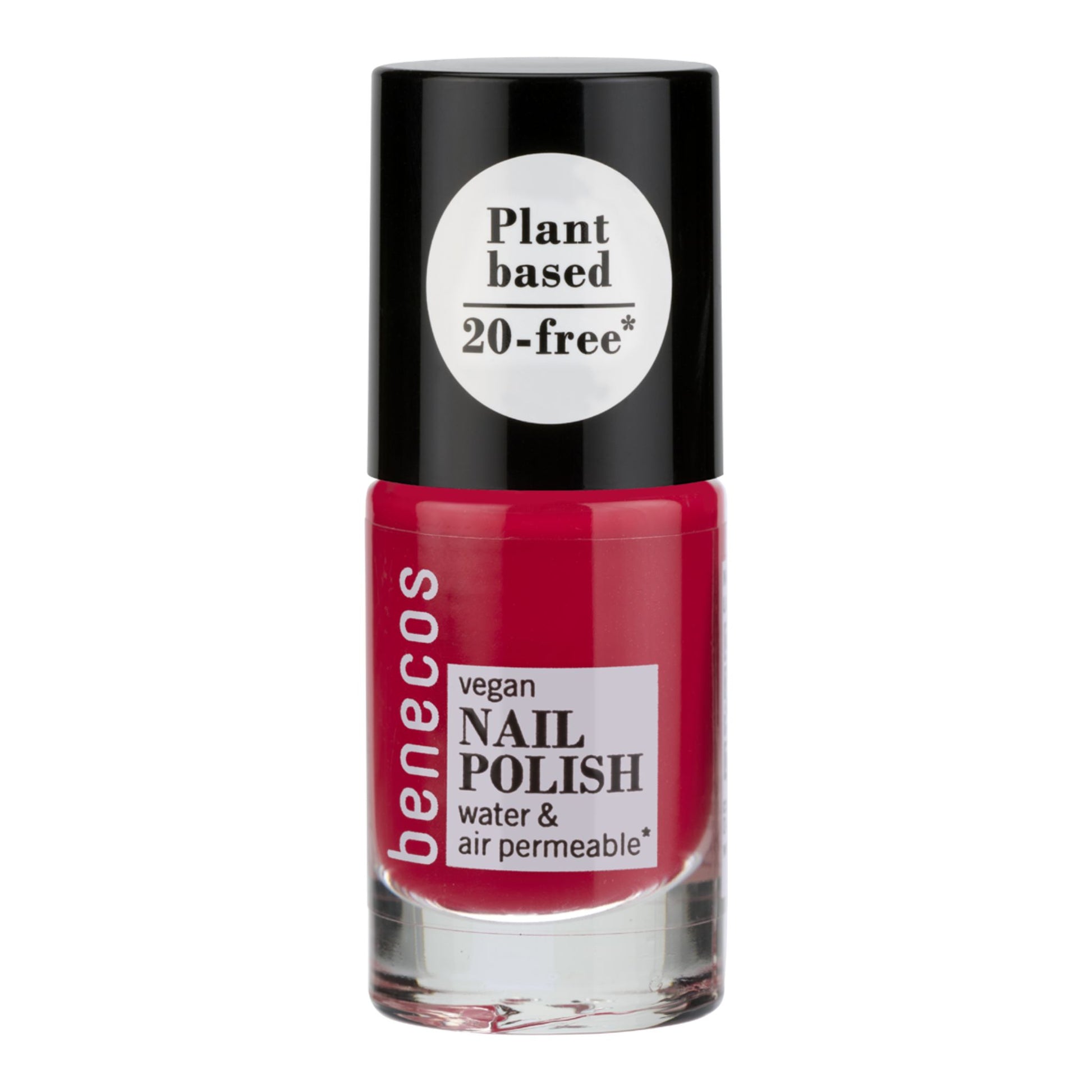 Benecos vegan nail polish bottle with red polish and black cap on a white background
