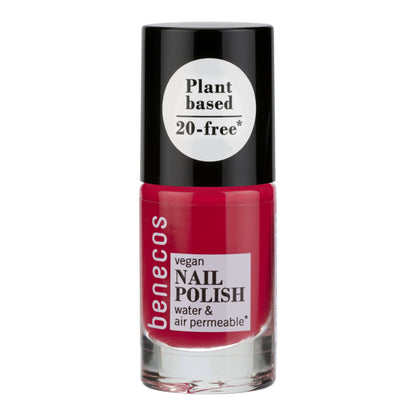 Benecos vegan nail polish bottle with red polish and black cap on a white background