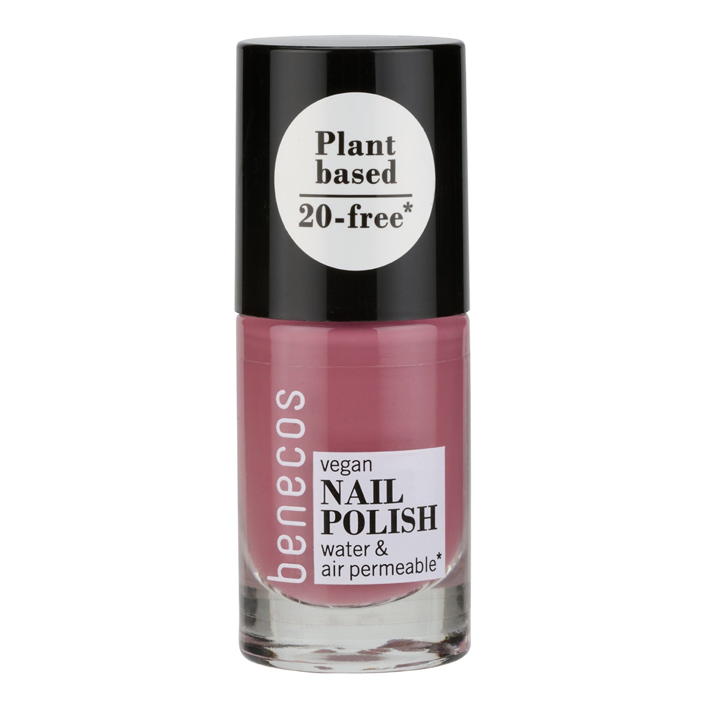 Benecos vegan nail polish bottle with black cap and pink polish on a white background