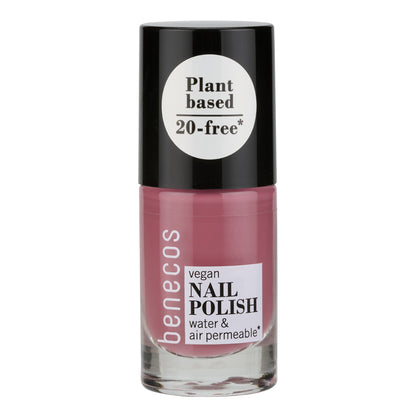 Benecos vegan nail polish bottle with black cap and pink polish on a white background
