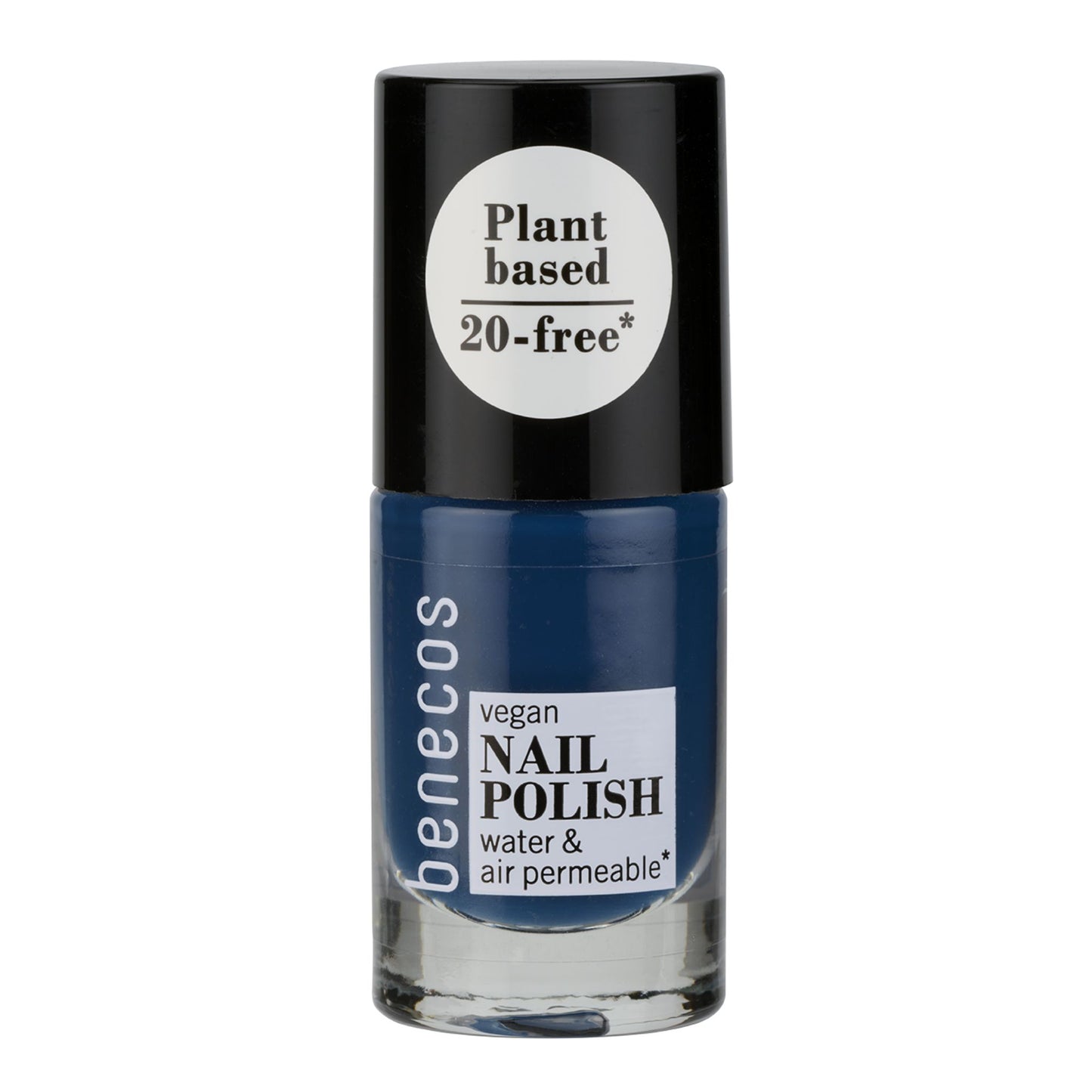 Nail polish bottle with black cap and blue body on a white background