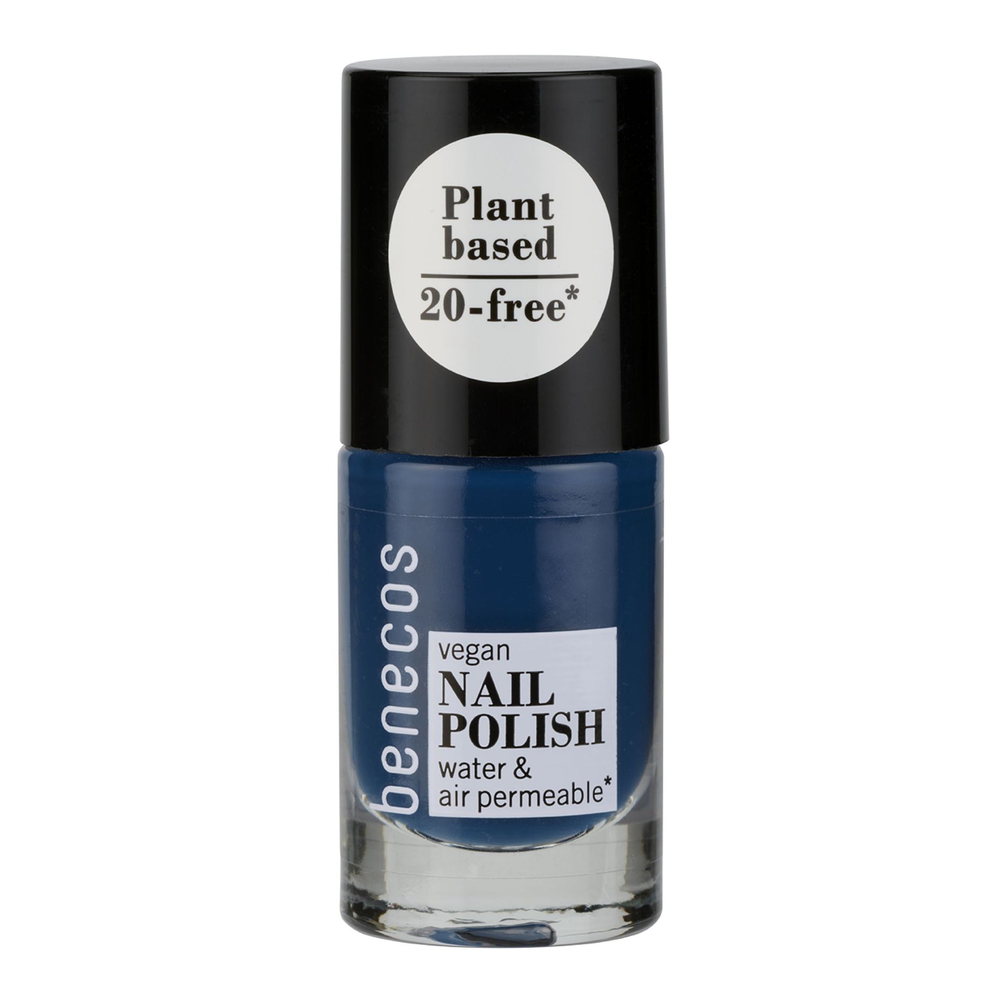 Nail polish bottle with black cap and blue body on a white background