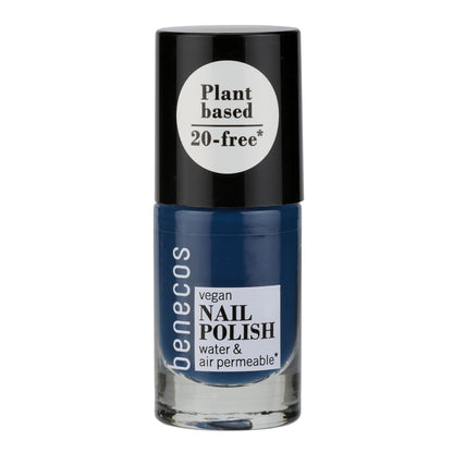 Nail polish bottle with black cap and blue body on a white background