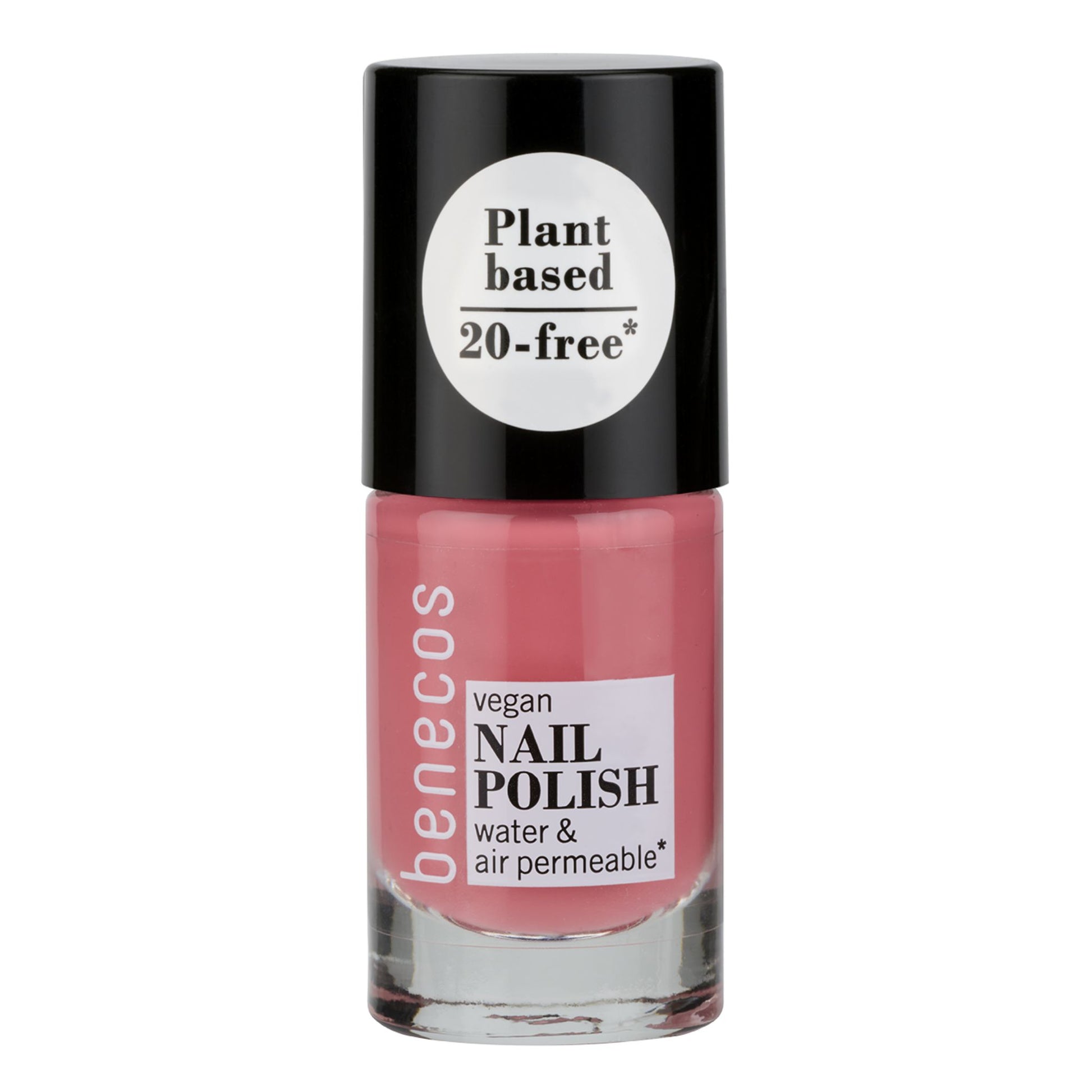 Benecos vegan nail polish bottle with pink polish and black cap on a white background