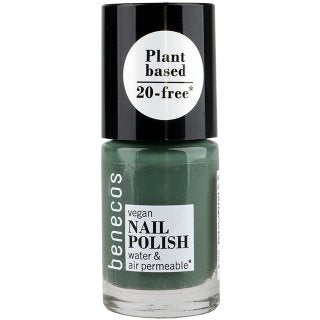 Benecos plant based nail polish sage green is a dusky grey green shade. on a white background 