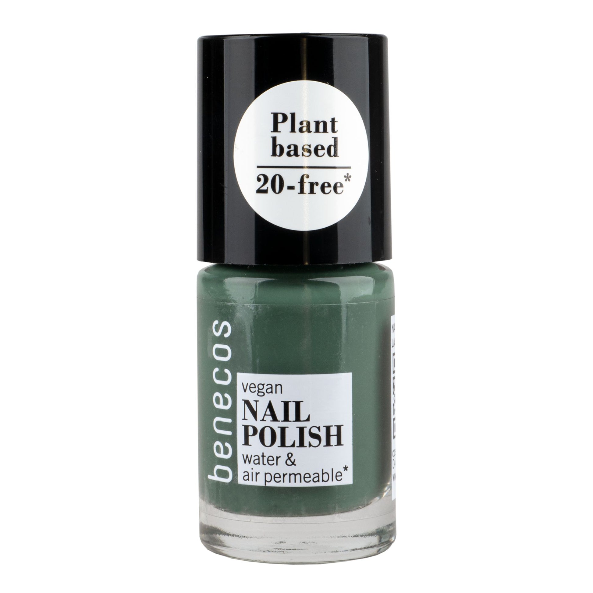 Benecos vegan nail polish bottle with green color on a white background