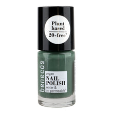 Benecos vegan nail polish bottle with green color on a white background