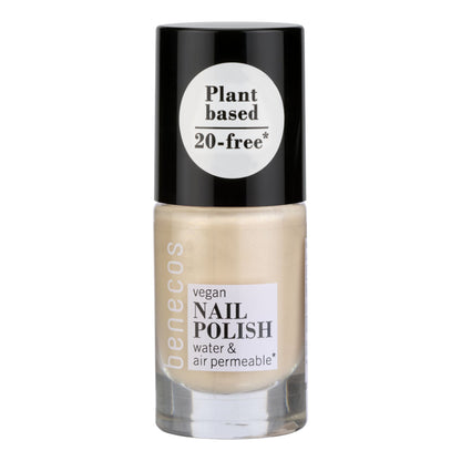Vegan nail polish bottle with black cap and white label on a white background