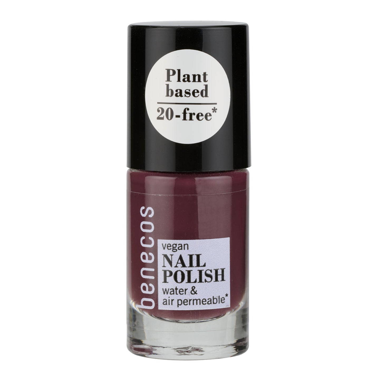 Benecos vegan nail polish bottle with black cap on a white background