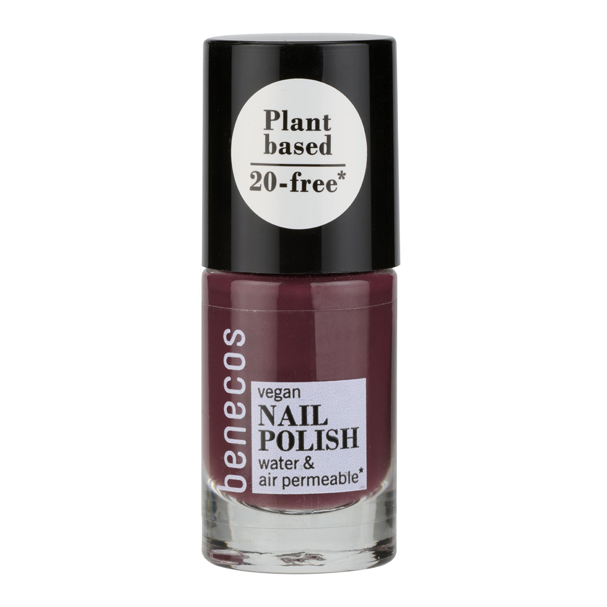 Benecos vegan nail polish bottle with black cap on a white background