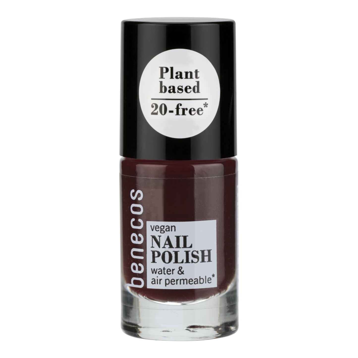 Benecos vegan nail polish bottle with black cap and brown body on a white background
