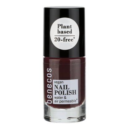 Benecos vegan nail polish bottle with black cap and brown body on a white background