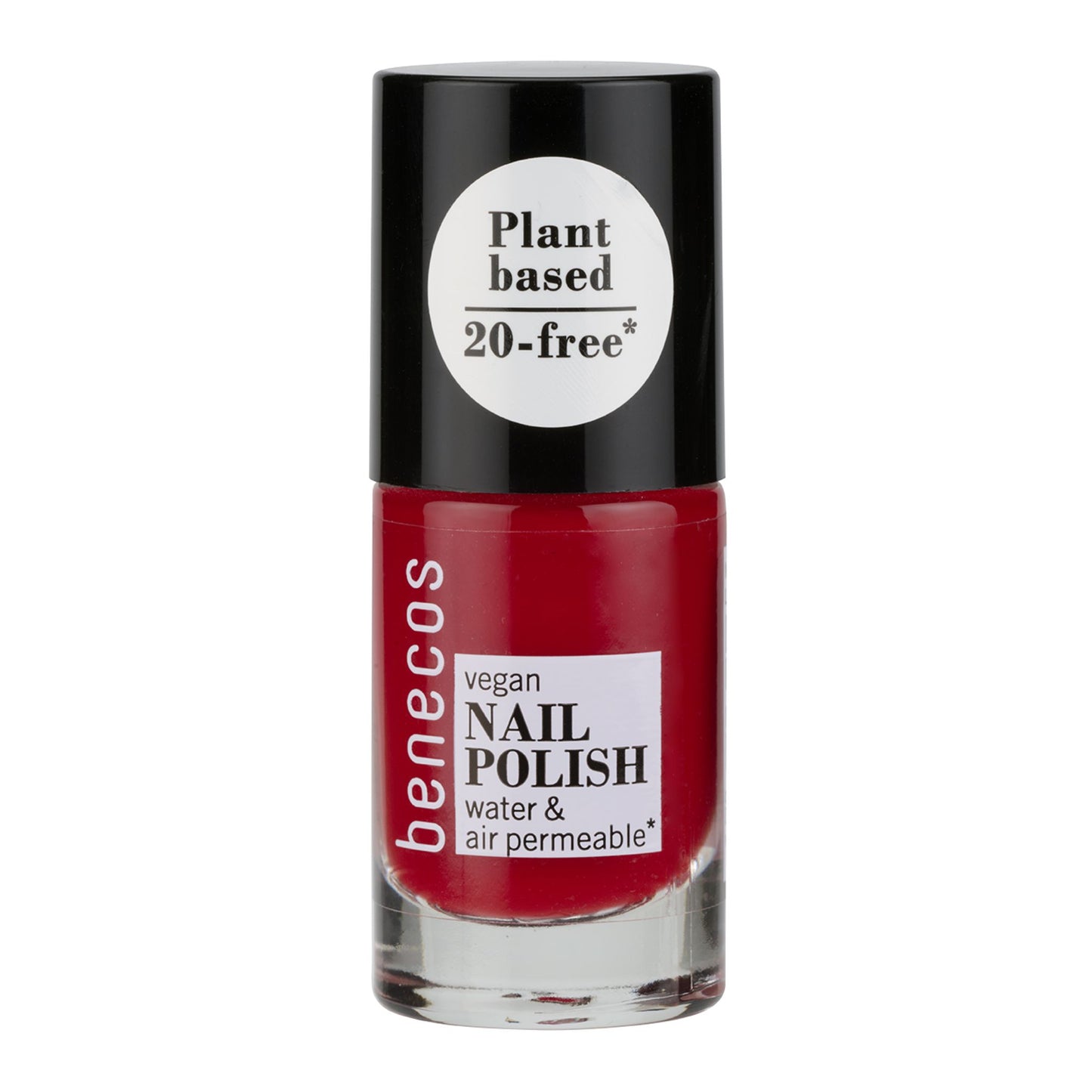 Benecos vegan nail polish bottle with red polish on a white background
