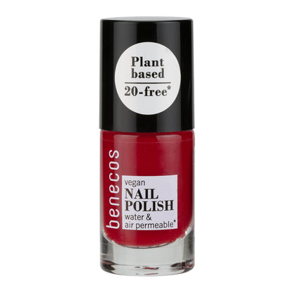 Benecos vegan nail polish bottle with red polish on a white background